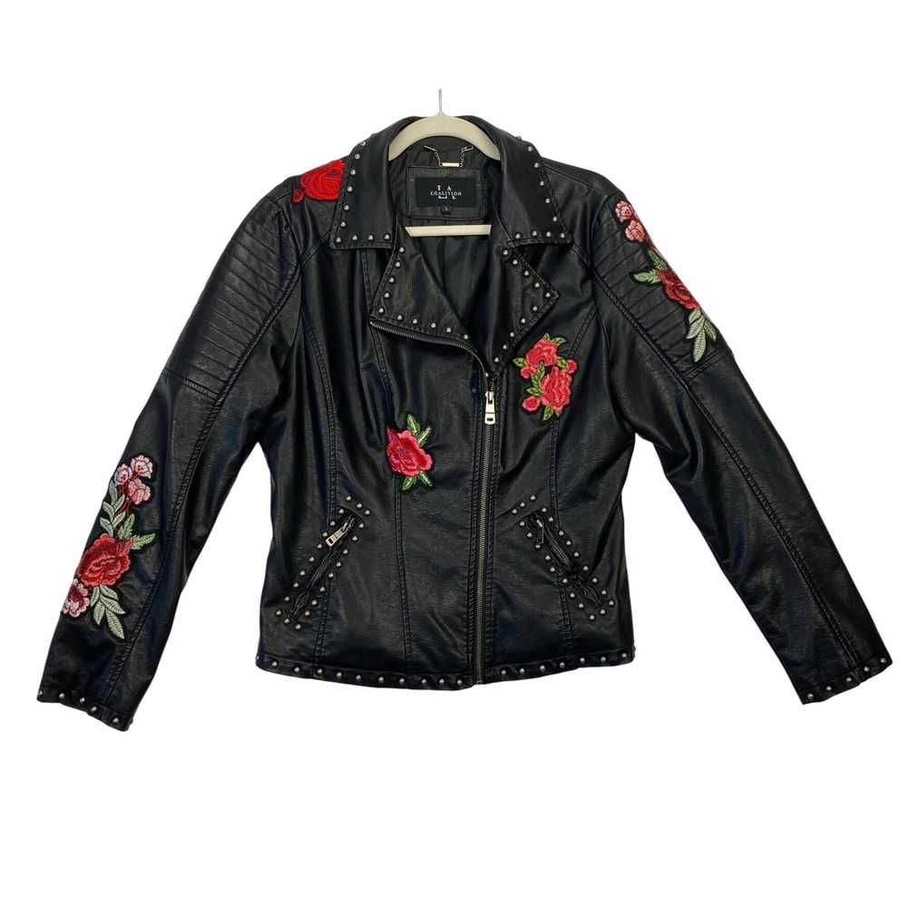 LA Coalition Faux Leather Jacket Sz Large Studded Embroidered Rose Moto‎ Biker